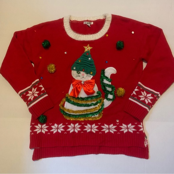 Ugly Christmas Sweater Cat With Tinsel Size Large - Picture 1 of 7